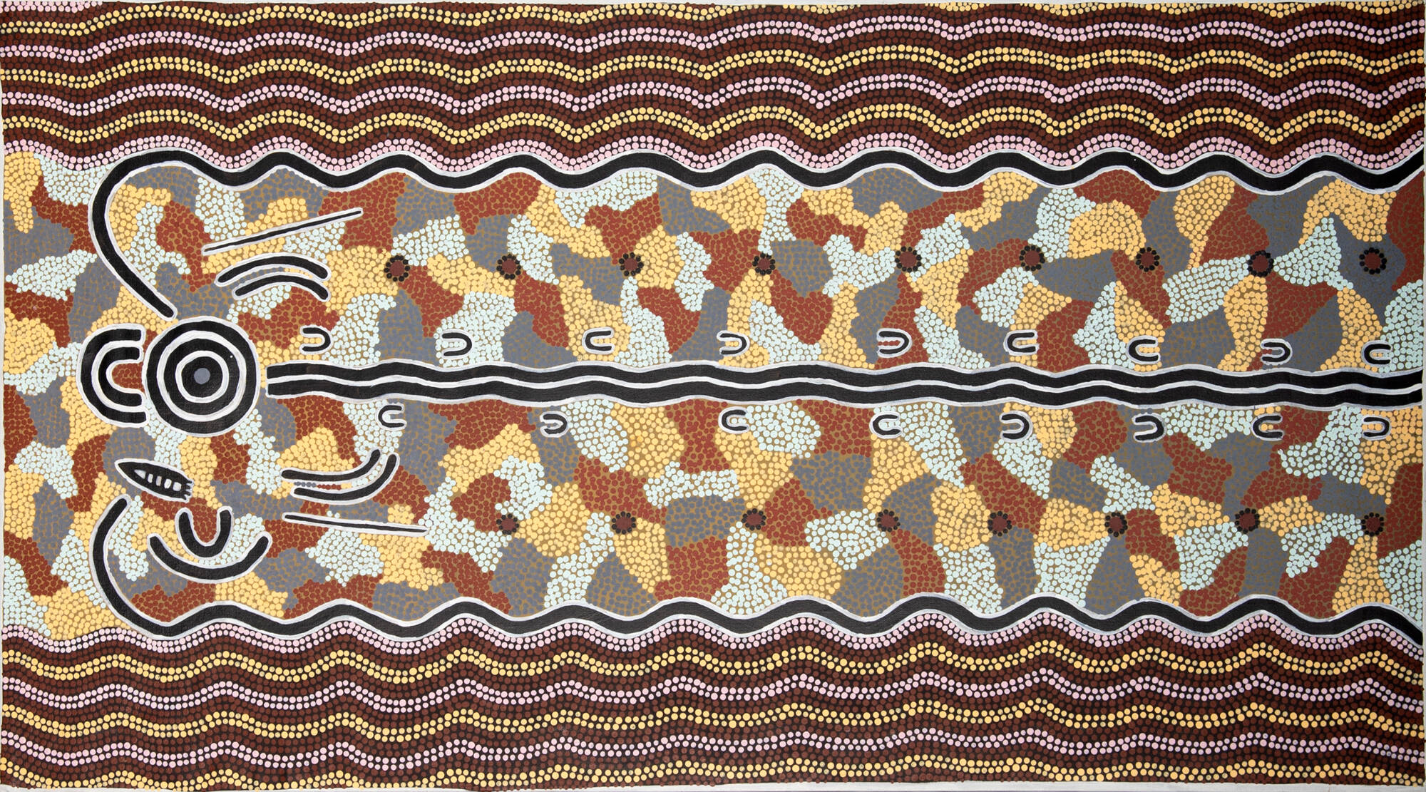 Brown, yellow, and pink wavy lines composed of dots along top and bottom, abstract black lines and shapes across center. Grey, yellow, brown, and blue splotches composes of dots cover the rest of the center.